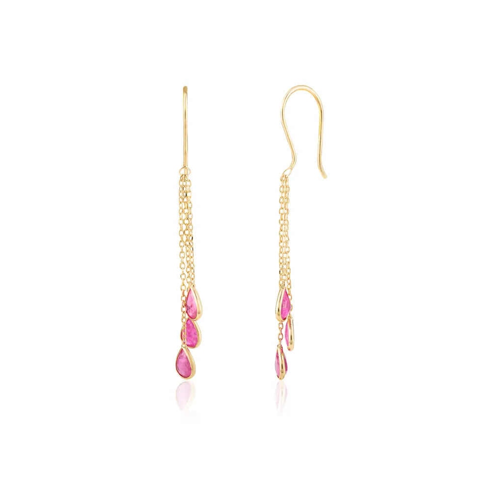 Minimal Jewelry Solid Yellow Gold Natural Pear Ruby Multi Chain Drop Earrings