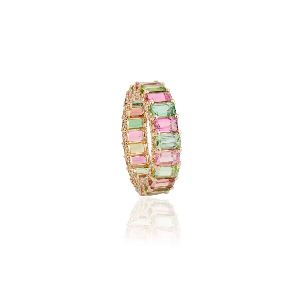 Fine Jewelry Multi Tourmaline & Diamond 14K Yellow Gold Full Eternity Band Ring