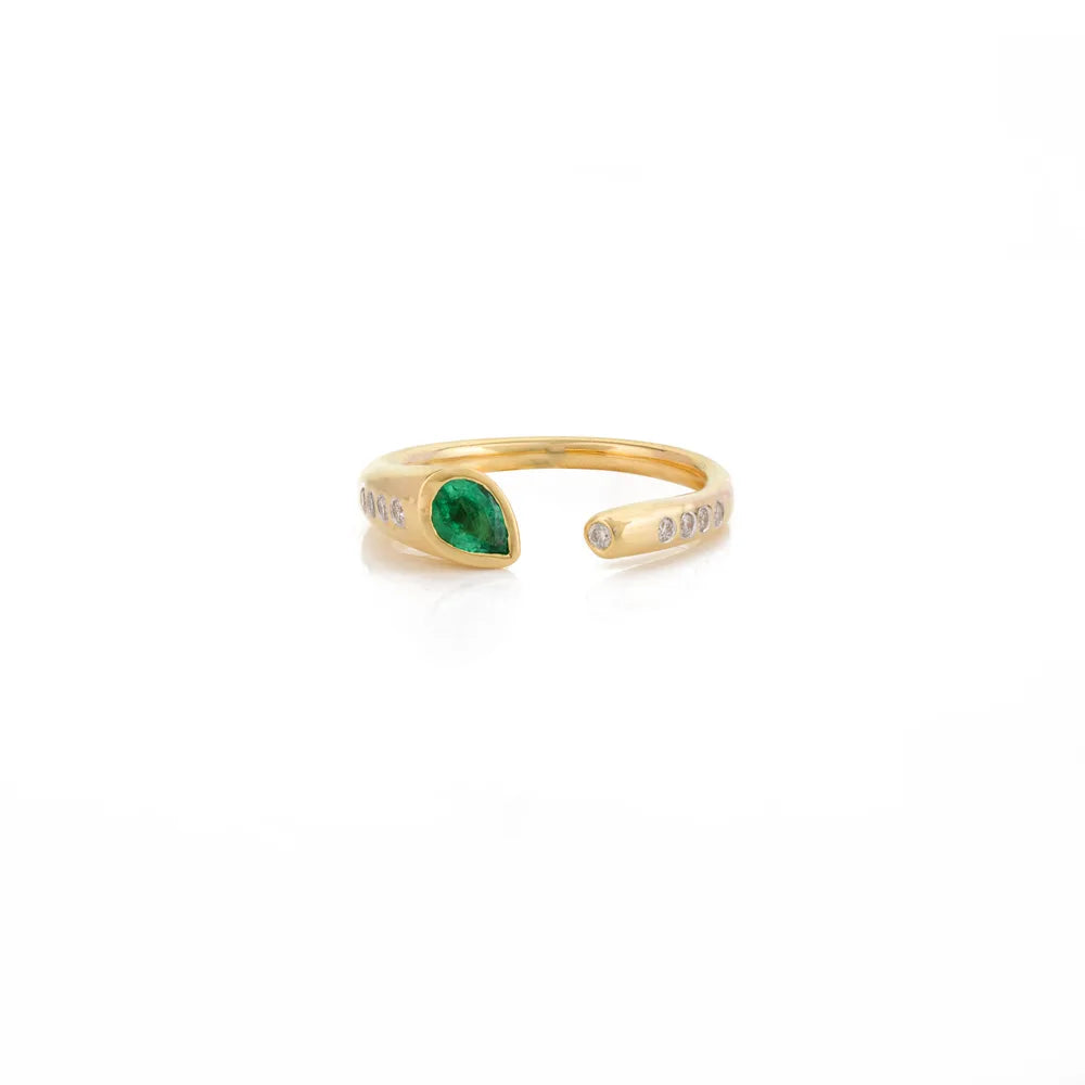 Best Quality Product Natural Emerald & Diamond 14K Yellow Gold Open Band Ring