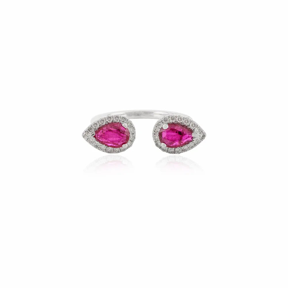 Pear Shape Ruby & Diamond 18K Solid White Gold Two Stone Ring