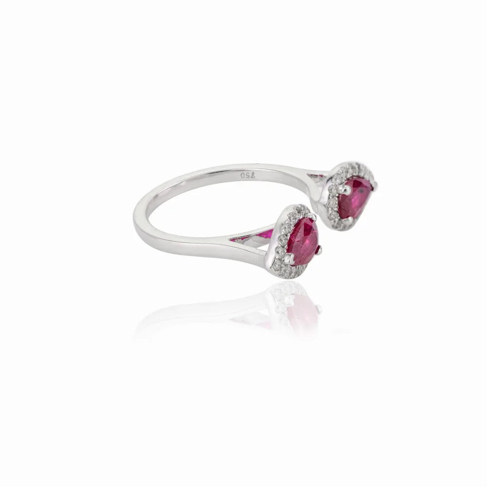 Pear Shape Ruby & Diamond 18K Solid White Gold Two Stone Ring