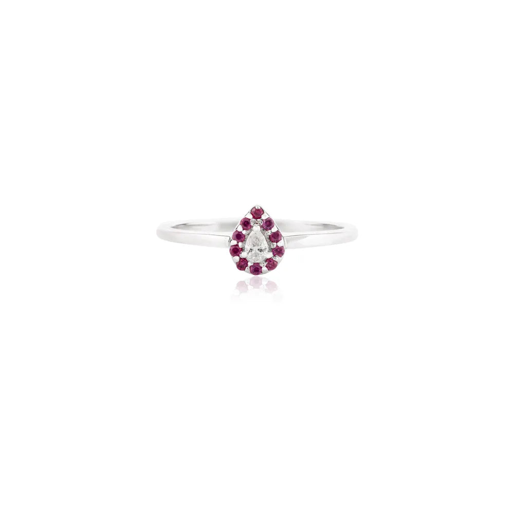 July Birthstone Pear Shape Ruby & Diamond 14K Solid White Gold Minimal Ring