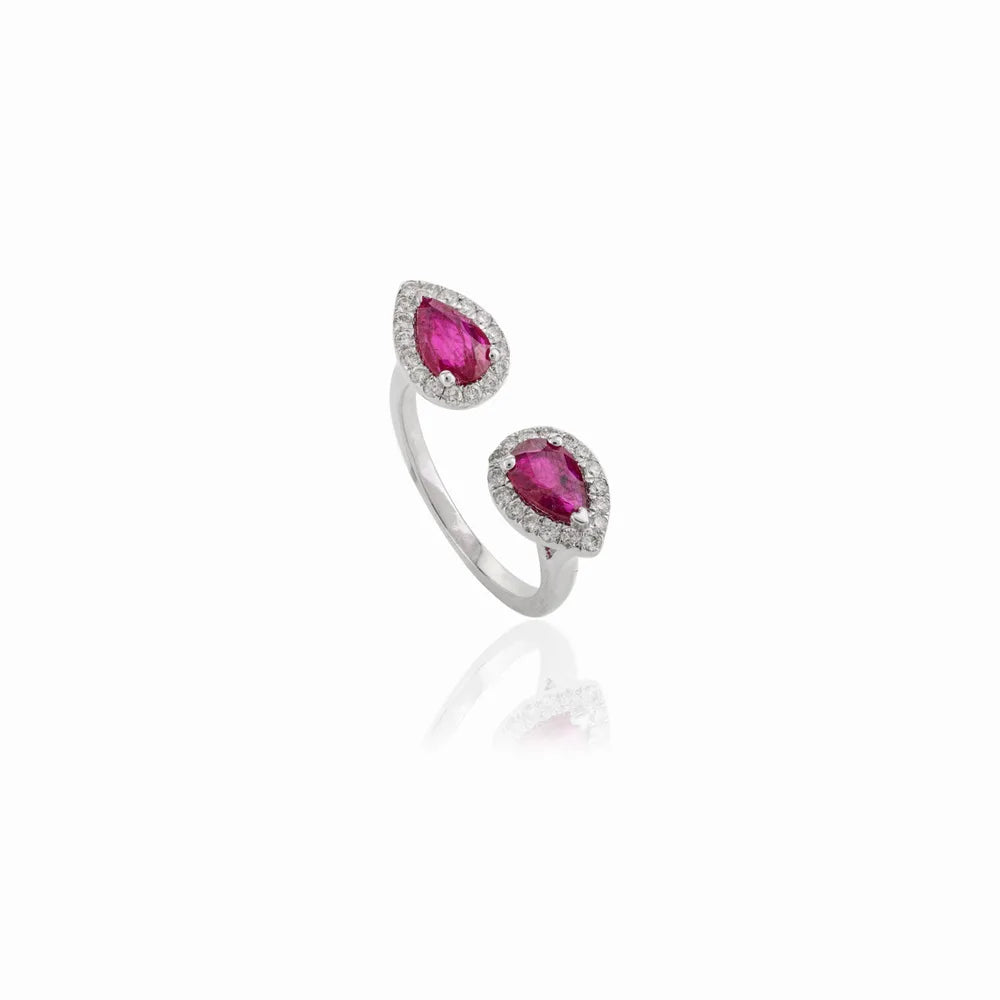 Pear Shape Ruby & Diamond 18K Solid White Gold Two Stone Ring