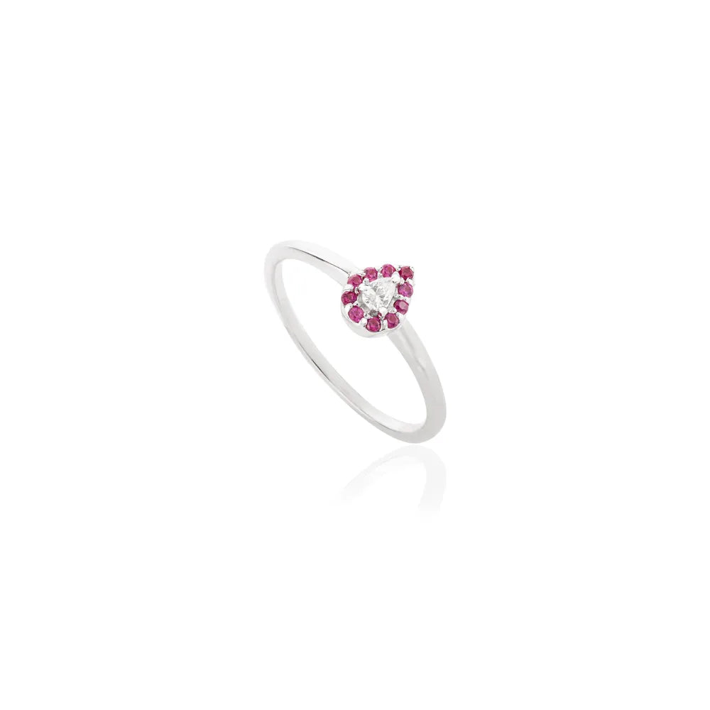 July Birthstone Pear Shape Ruby & Diamond 14K Solid White Gold Minimal Ring