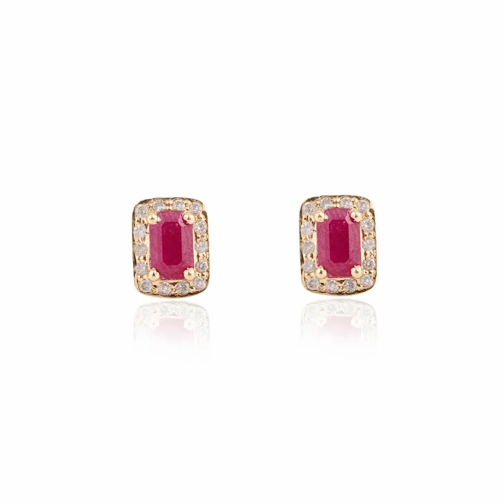 High Quality Product 14K Yellow Gold Ruby & Diamond Stud Earrings