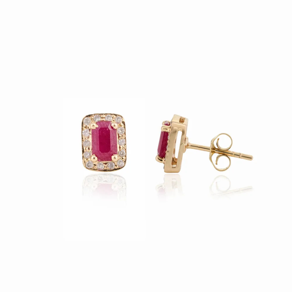 High Quality Product 14K Yellow Gold Ruby & Diamond Stud Earrings