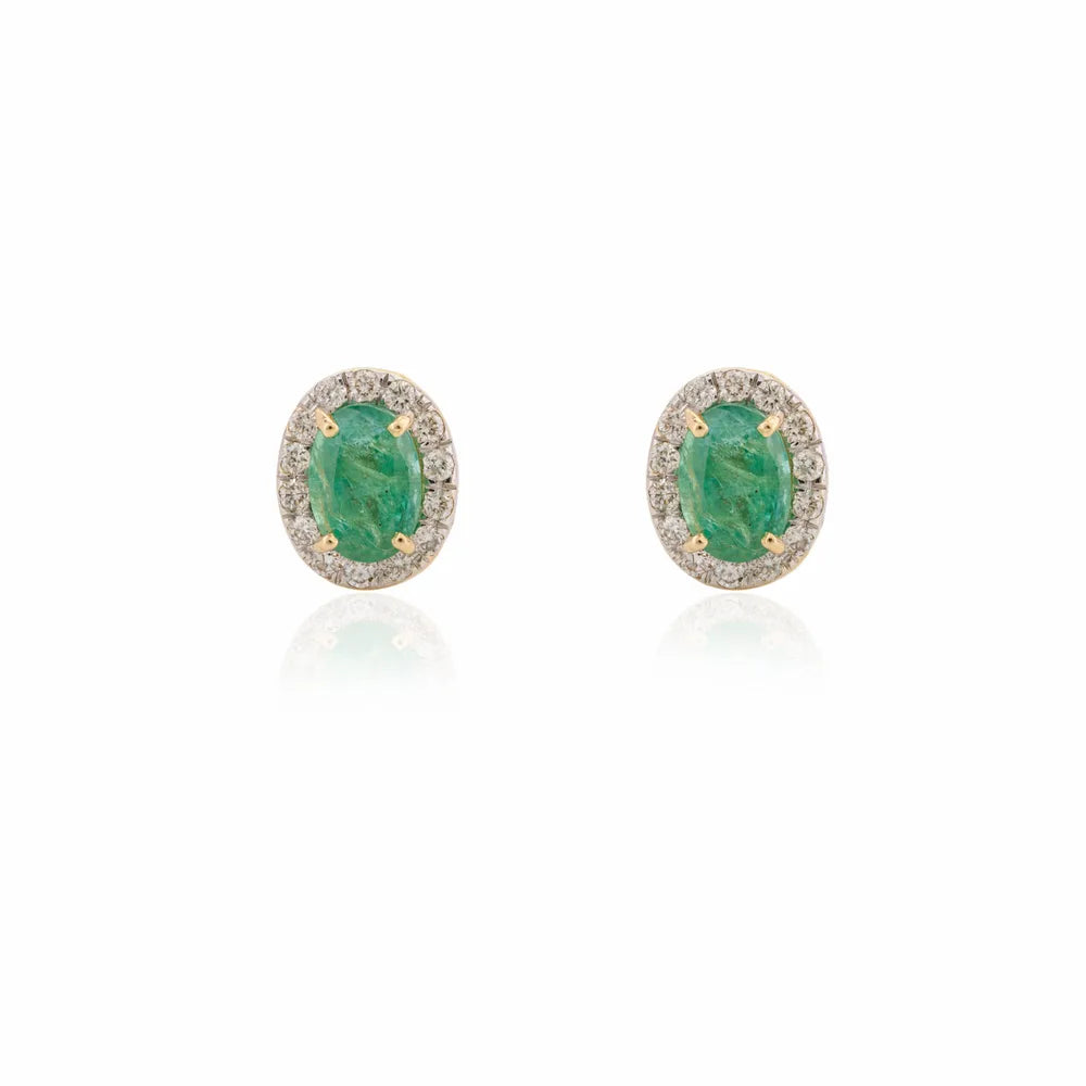 May Birthstone Oval Cut Emerald & Round Diamond 14K Yellow Gold Stud Earrings