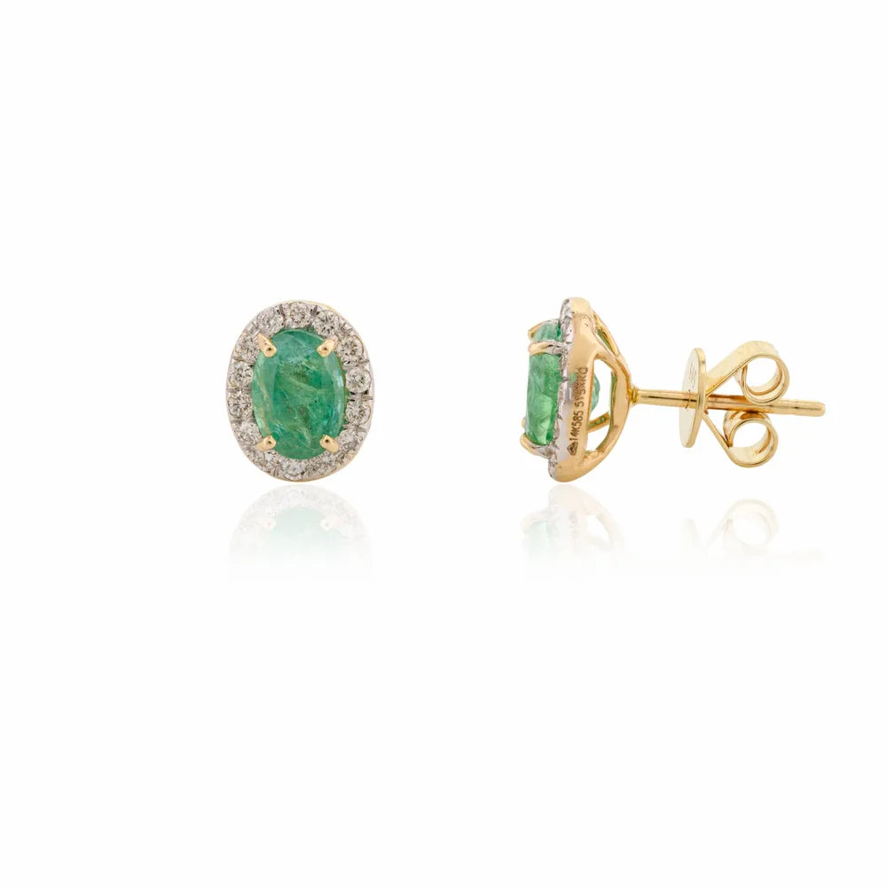 May Birthstone Oval Cut Emerald & Round Diamond 14K Yellow Gold Stud Earrings