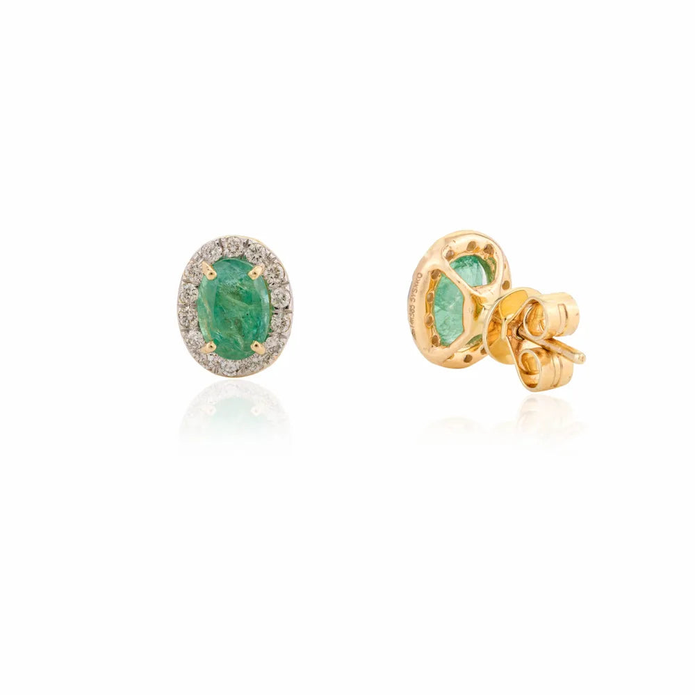 May Birthstone Oval Cut Emerald & Round Diamond 14K Yellow Gold Stud Earrings