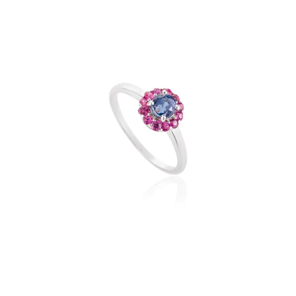 Birthstone Jewelry Natural Ruby & Blue Sapphire 14K White Gold Minimal Ring