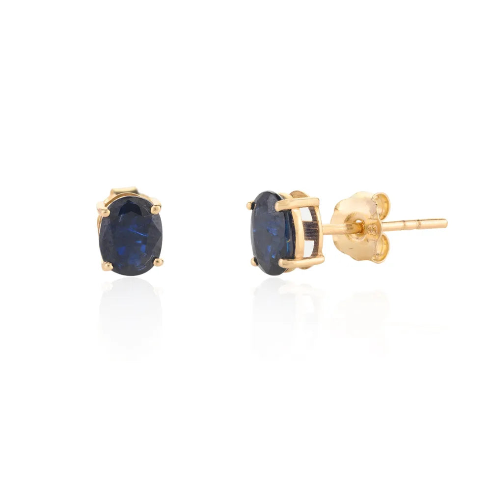 Natural Blue Sapphire Oval Cut Stud Earrings 18k Solid Yellow Gold Jewelry