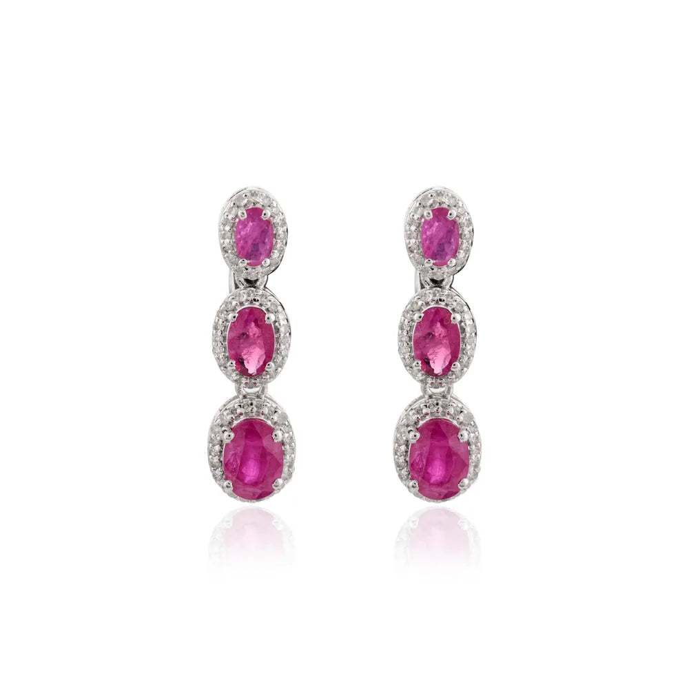 Luxury Jewelry Natural Ruby & Diamond 14K White Gold Dangle Earrings