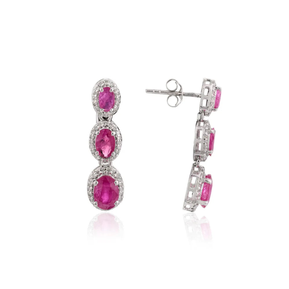 Luxury Jewelry Natural Ruby & Diamond 14K White Gold Dangle Earrings