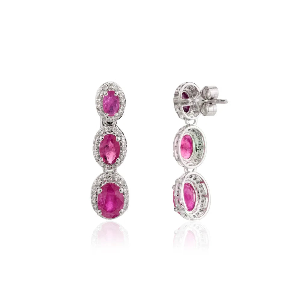 Luxury Jewelry Natural Ruby & Diamond 14K White Gold Dangle Earrings