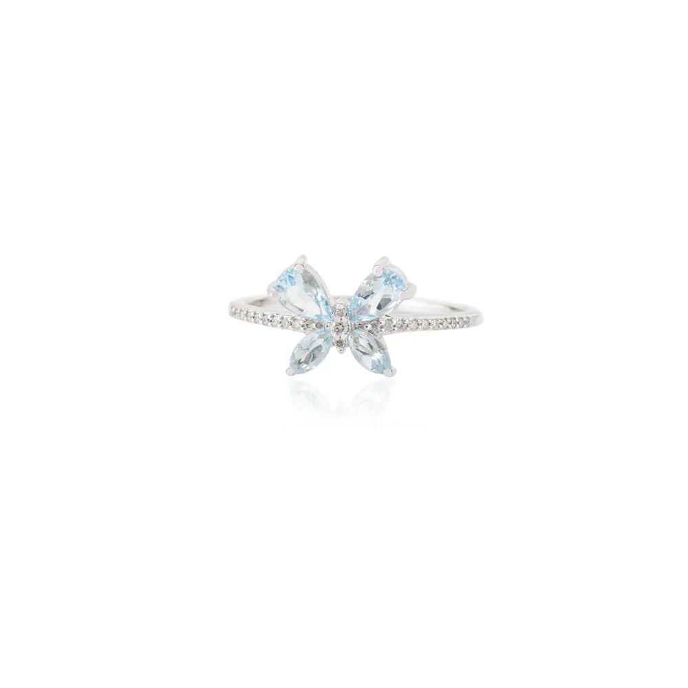 Custom Jewelry 18K Solid White Gold Natural Aquamarine & Diamond Butterfly Ring