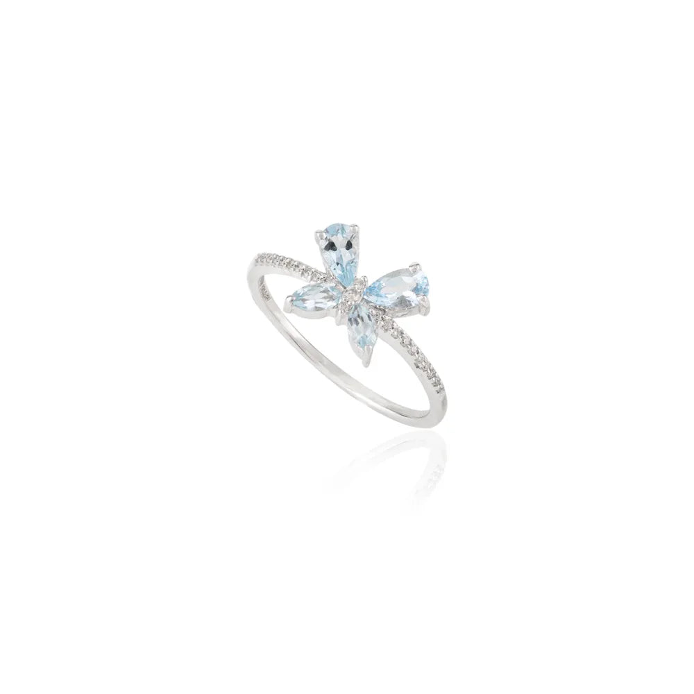 Custom Jewelry 18K Solid White Gold Natural Aquamarine & Diamond Butterfly Ring