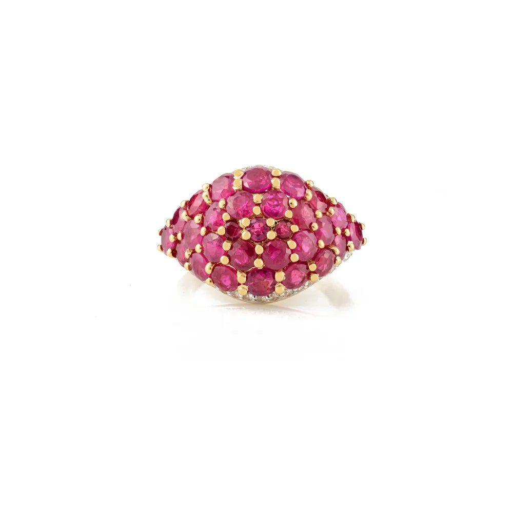 July Birthstone 18K Yellow Gold Natural Ruby & Diamond Cluster Dome Ring