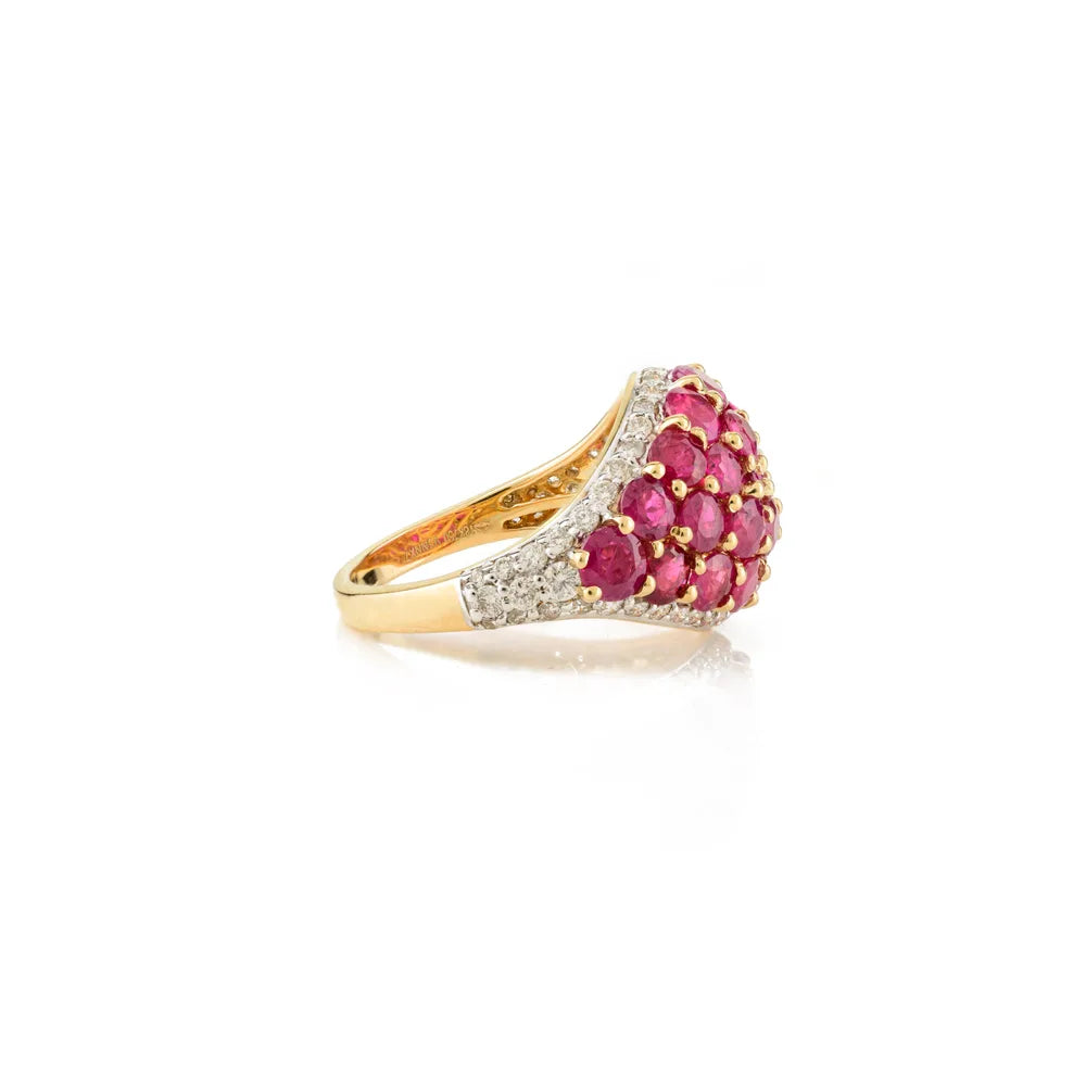 July Birthstone 18K Yellow Gold Natural Ruby & Diamond Cluster Dome Ring