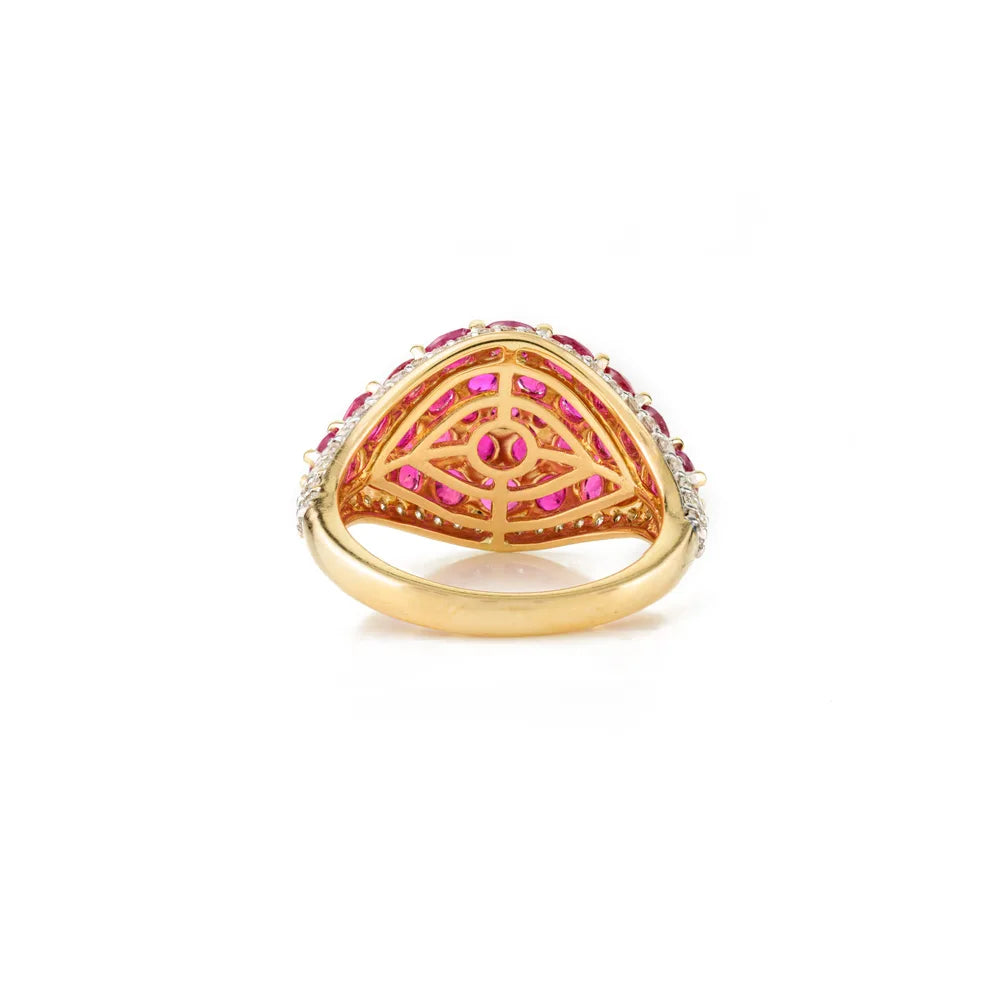 July Birthstone 18K Yellow Gold Natural Ruby & Diamond Cluster Dome Ring