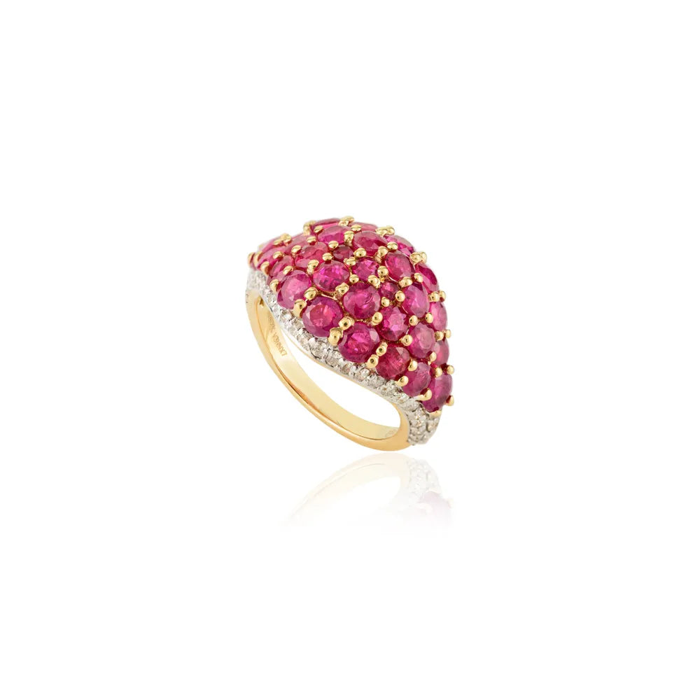 July Birthstone 18K Yellow Gold Natural Ruby & Diamond Cluster Dome Ring