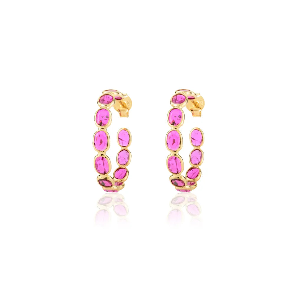 July Birthstone Natural Oval Cut Ruby Solid K18 Yellow Gold C-Hoop Earrings