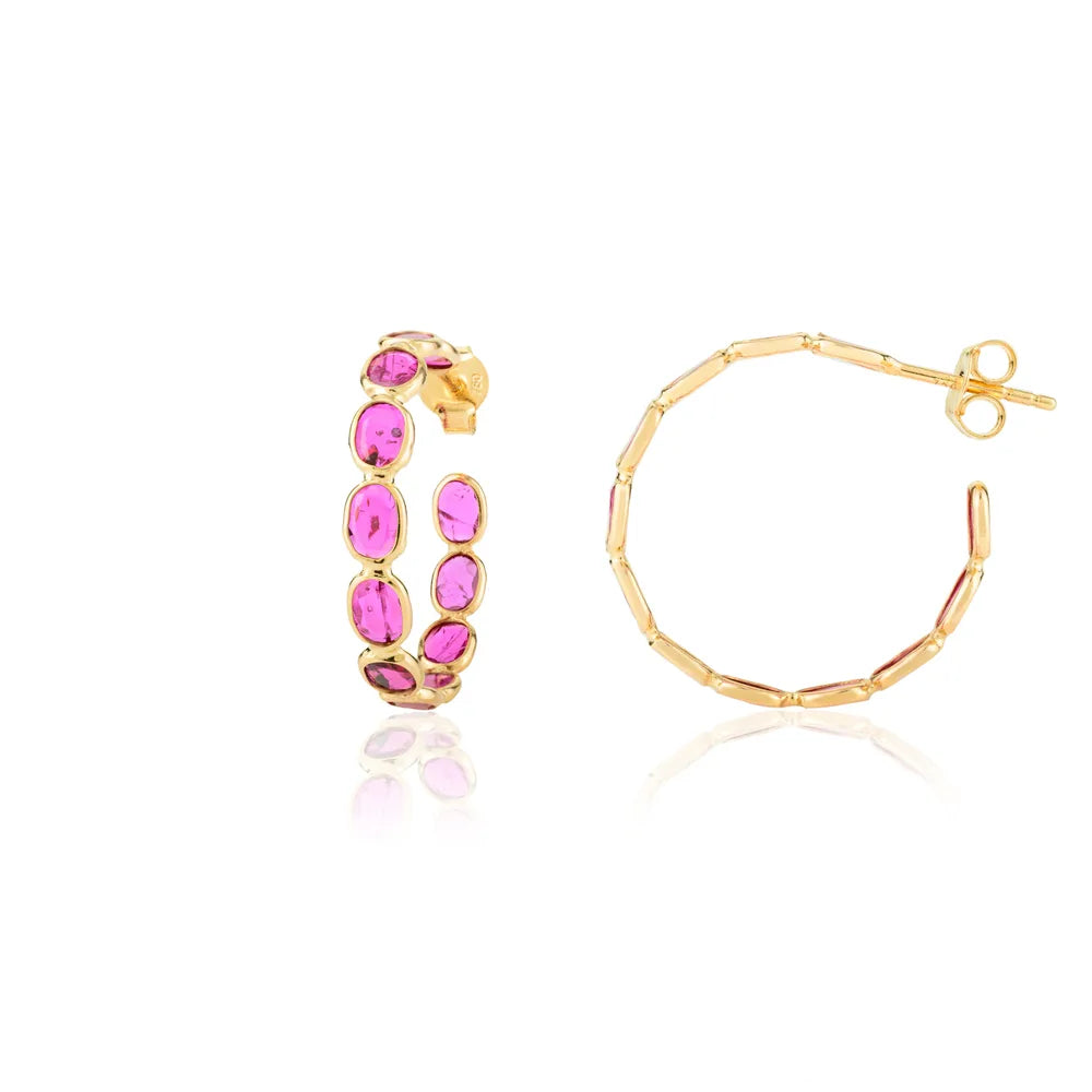 July Birthstone Natural Oval Cut Ruby Solid K18 Yellow Gold C-Hoop Earrings