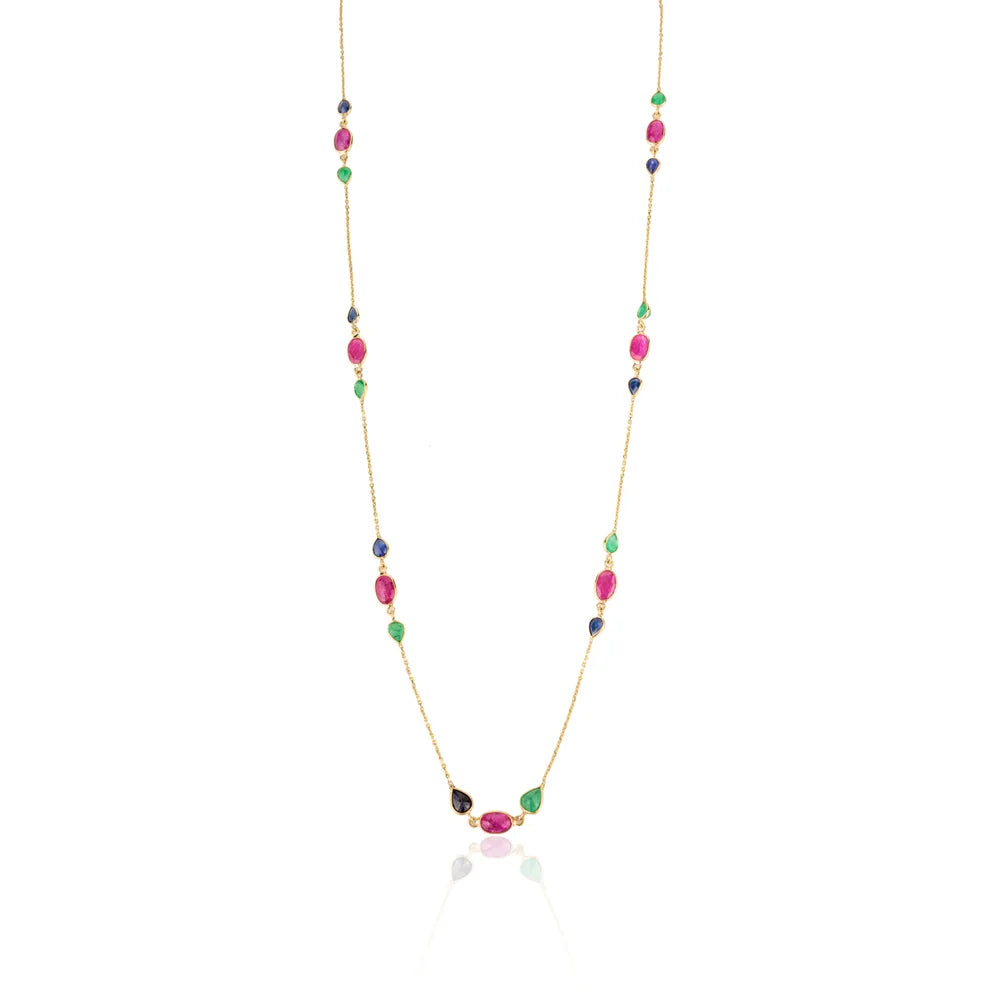 Birthstone Jewelry Emerald, Ruby, Sapphire 18K Yellow Gold Long Chain Necklace