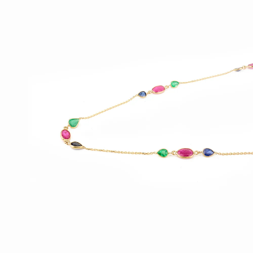 Birthstone Jewelry Emerald, Ruby, Sapphire 18K Yellow Gold Long Chain Necklace