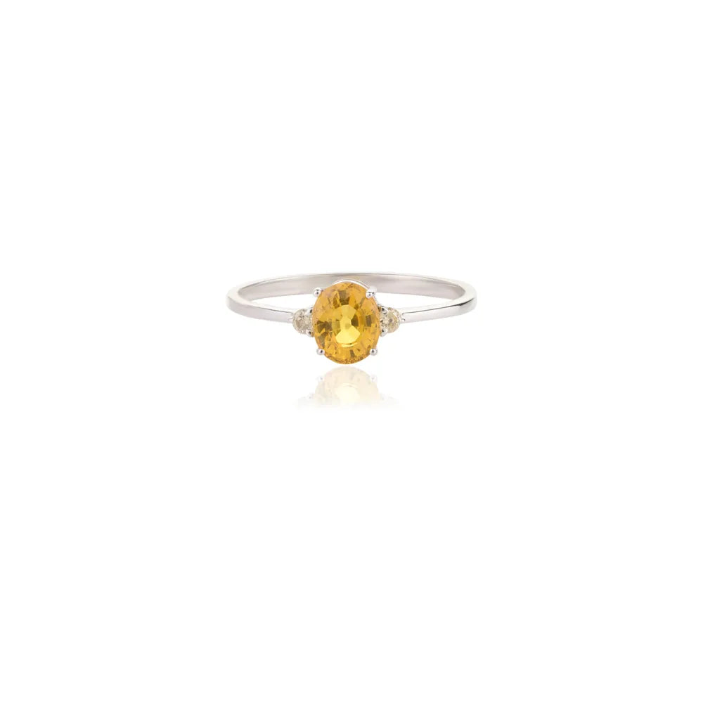 Fashionable Natural Yellow Sapphire & Diamond 18K Solid White Gold Dainty Band Ring