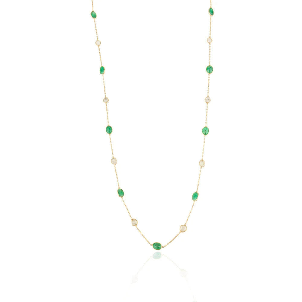 Emerald & Diamond Solid 18K Yellow Gold Handcrafted Long Chain Necklace