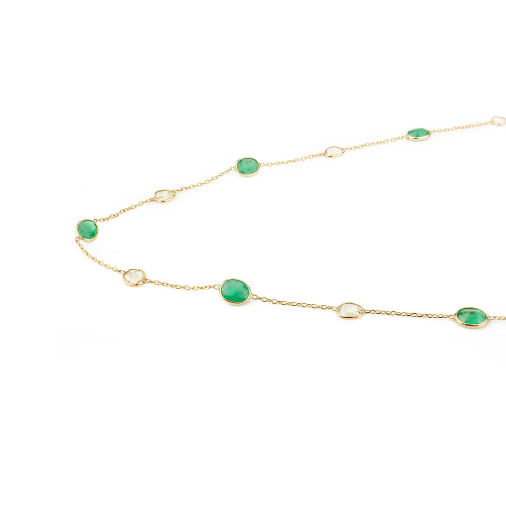 Emerald & Diamond Solid 18K Yellow Gold Handcrafted Long Chain Necklace