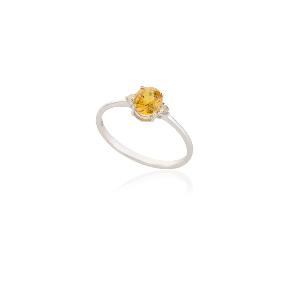 Fashionable Natural Yellow Sapphire & Diamond 18K Solid White Gold Dainty Band Ring