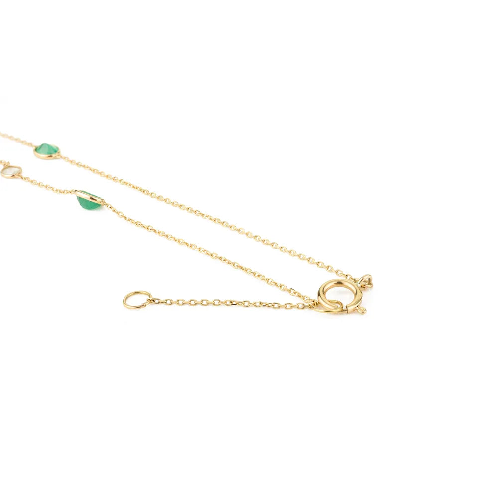 Emerald & Diamond Solid 18K Yellow Gold Handcrafted Long Chain Necklace