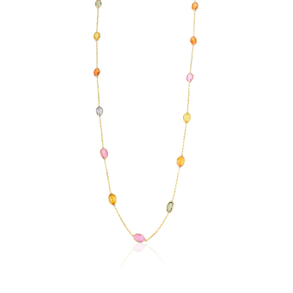 Custom Jewelry Natural Multi Sapphire 18K Fine Yellow Gold Long Chain Necklace