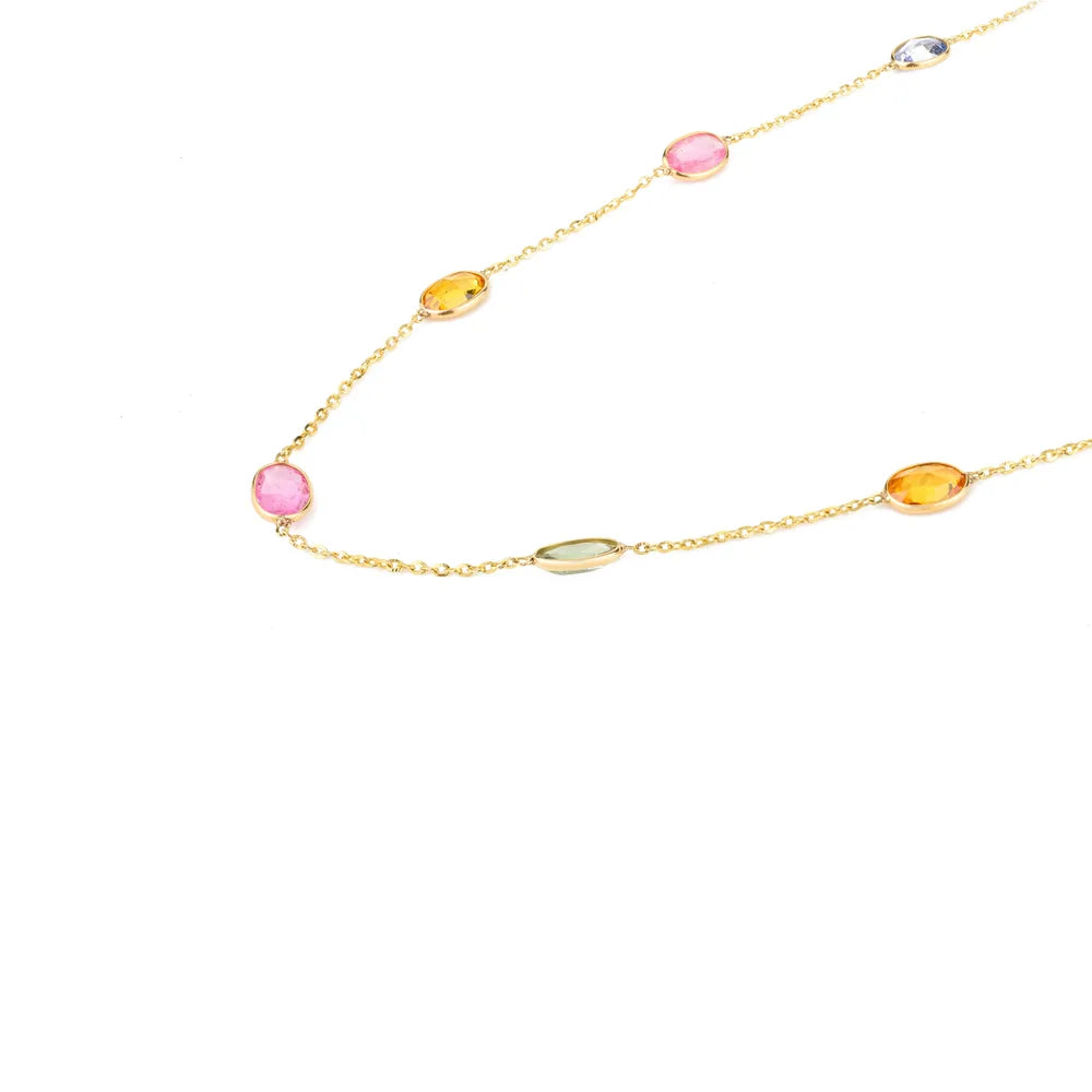 Custom Jewelry Natural Multi Sapphire 18K Fine Yellow Gold Long Chain Necklace