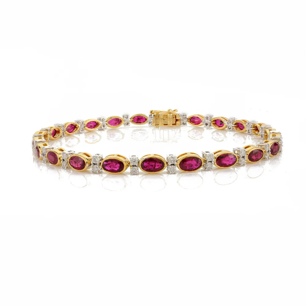 July Birthstone Natural Ruby & Diamond 18K Yellow Gold Tennis Bracelet