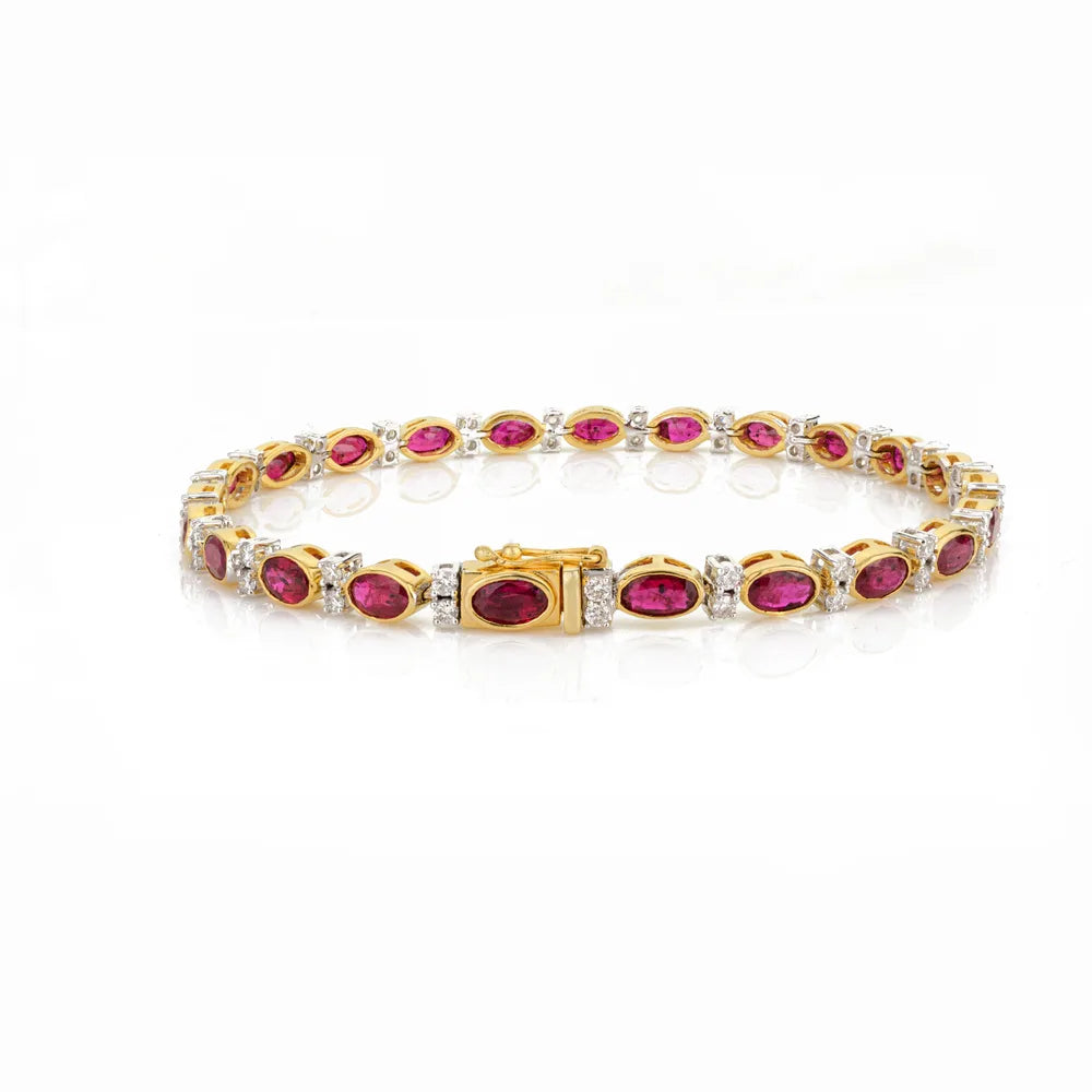 July Birthstone Natural Ruby & Diamond 18K Yellow Gold Tennis Bracelet