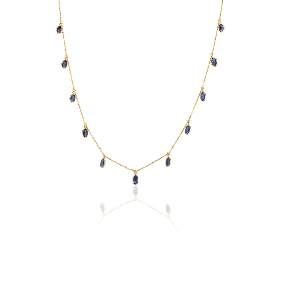 Real Gemstone Jewelry 18K Yellow Gold Blue Sapphire Long Chain Necklace