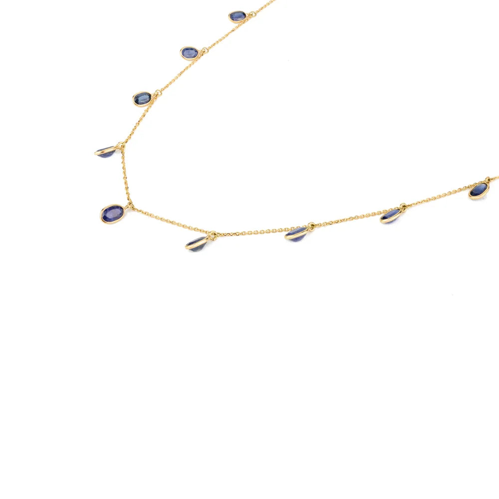 Real Gemstone Jewelry 18K Yellow Gold Blue Sapphire Long Chain Necklace