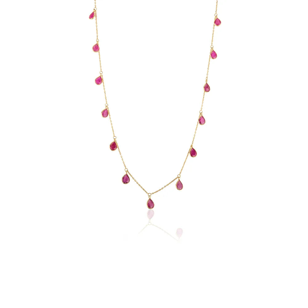 July Birthstone Pear Shape Ruby Solid 18K Yellow Gold Long Chain Necklace