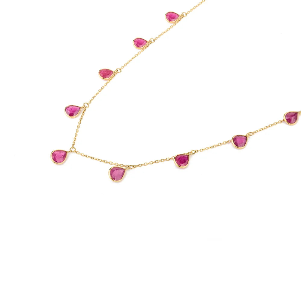 July Birthstone Pear Shape Ruby Solid 18K Yellow Gold Long Chain Necklace