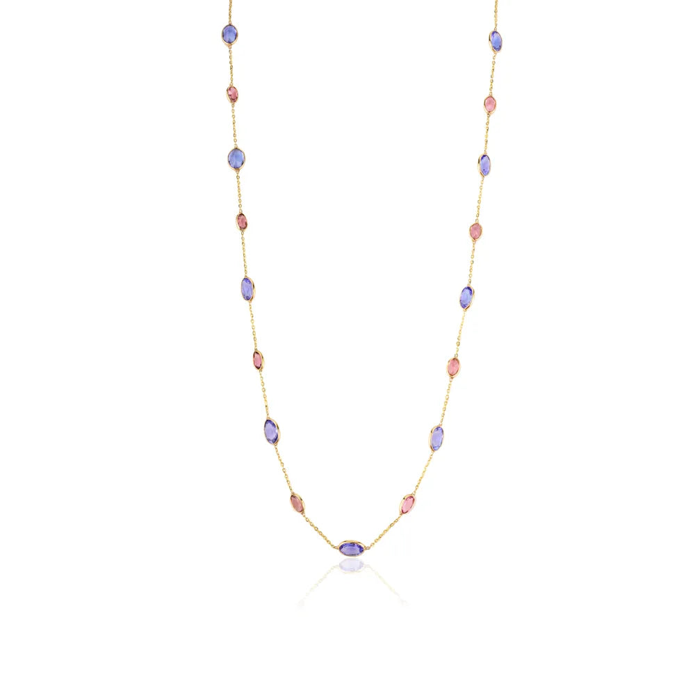 Tanzanite & Pink Tourmaline 18K Yellow Gold Handmade Long Chain Necklace