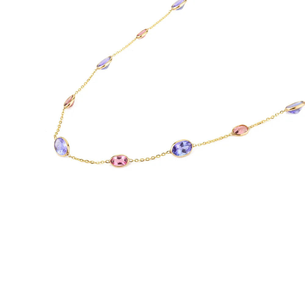 Tanzanite & Pink Tourmaline 18K Yellow Gold Handmade Long Chain Necklace