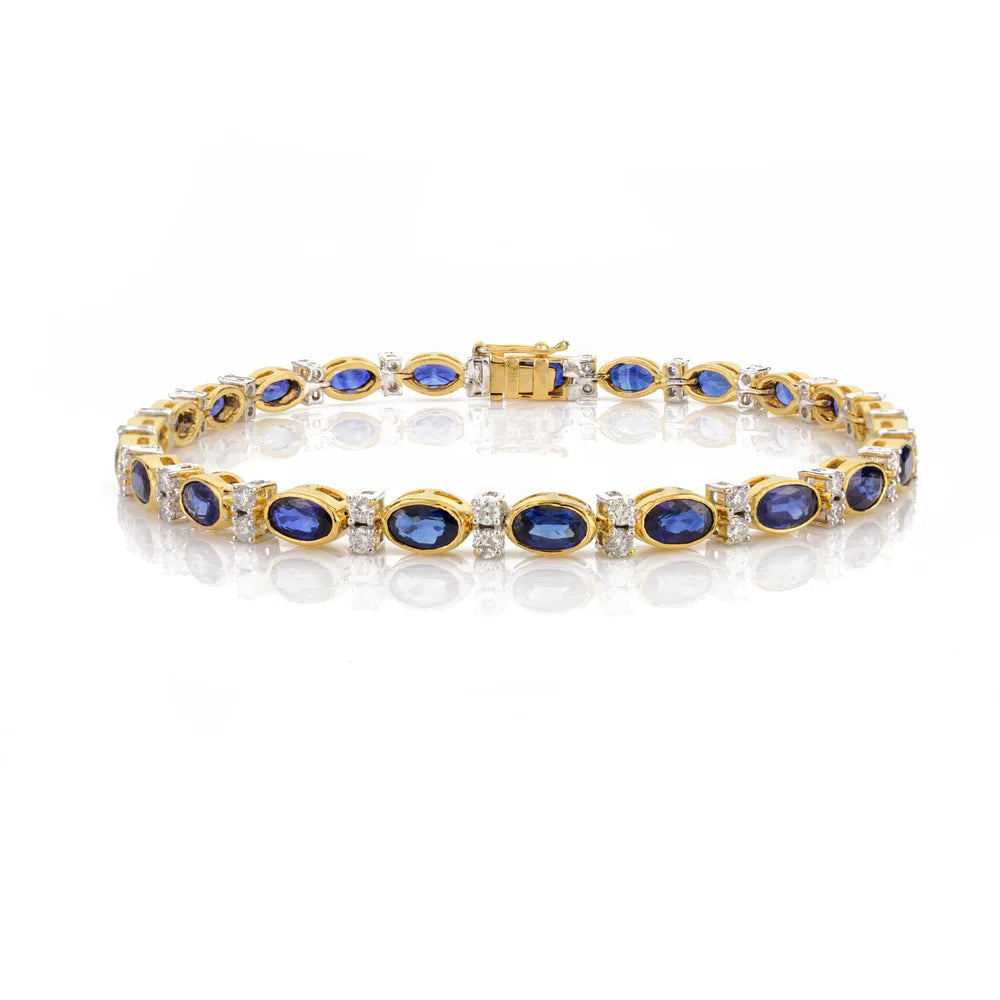 Custom Jewelry 18K Solid Yellow Gold Blue Sapphire & Diamond Tennis Bracelet