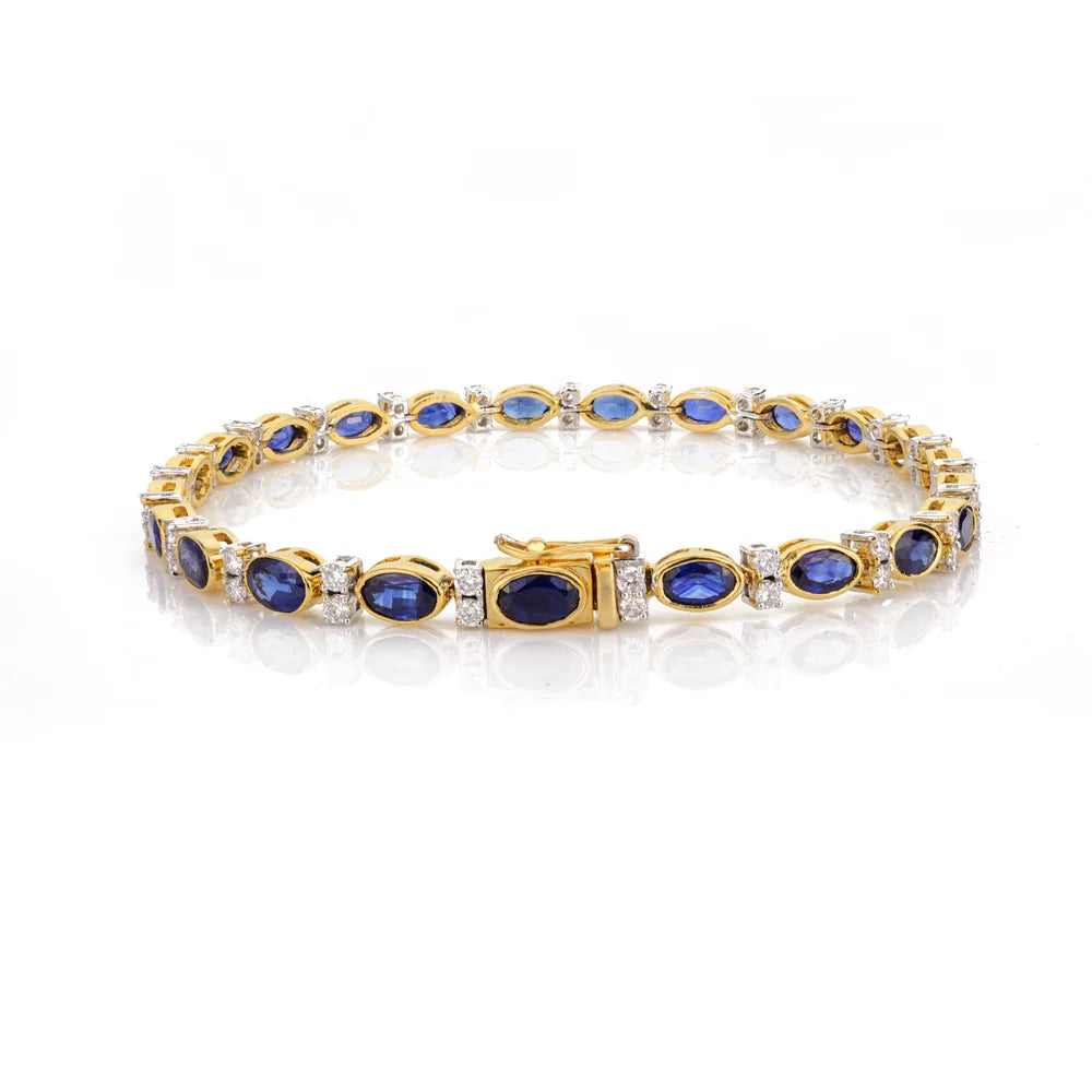 Custom Jewelry 18K Solid Yellow Gold Blue Sapphire & Diamond Tennis Bracelet