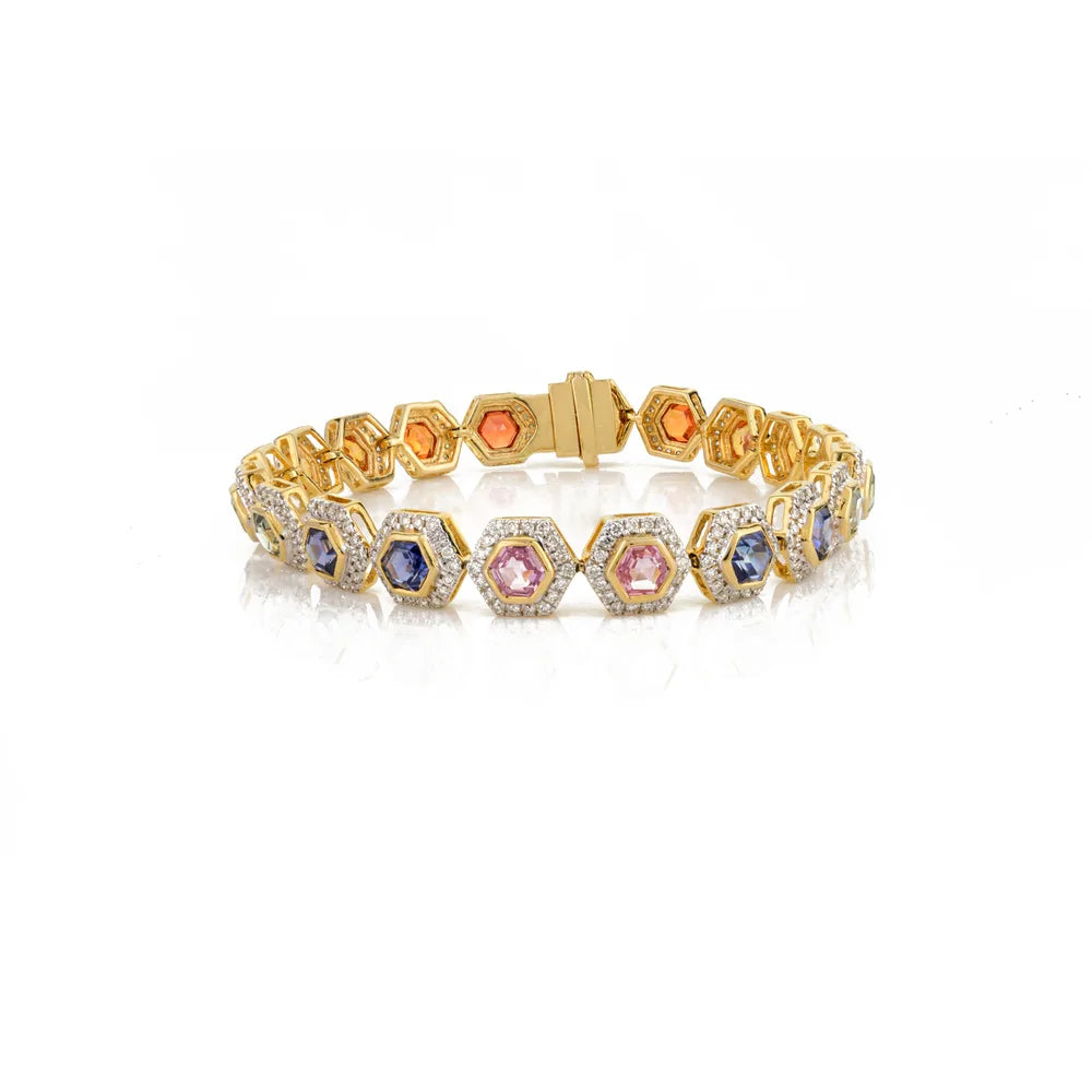 Hexagon Shape Multi Stone & Diamond 18K Yellow Gold Tennis Bracelet