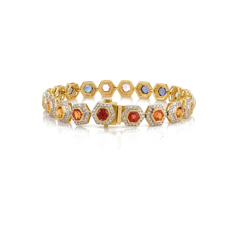 Hexagon Shape Multi Stone & Diamond 18K Yellow Gold Tennis Bracelet