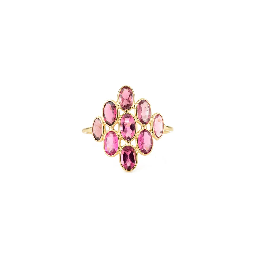 Trending Jewelry 18K Yellow Gold Oval Cut Pink Tourmaline Cluster Ring