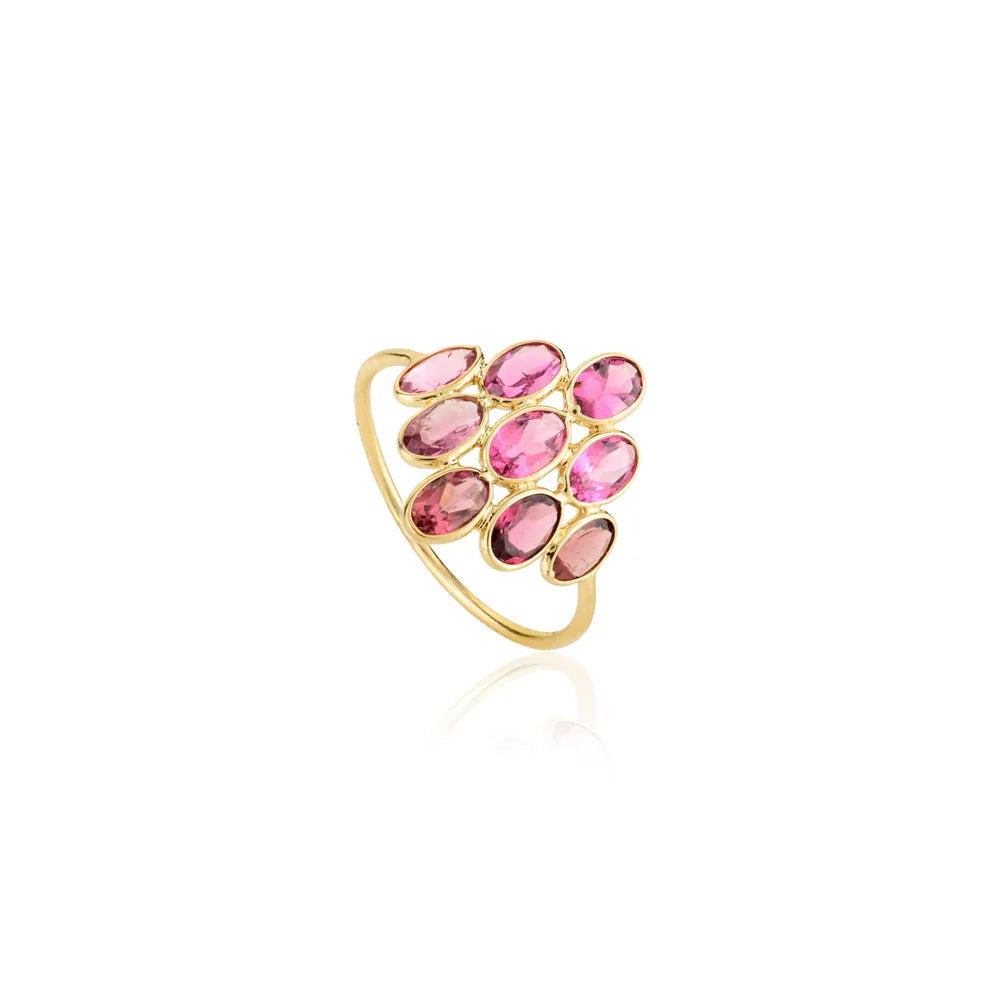 Trending Jewelry 18K Yellow Gold Oval Cut Pink Tourmaline Cluster Ring