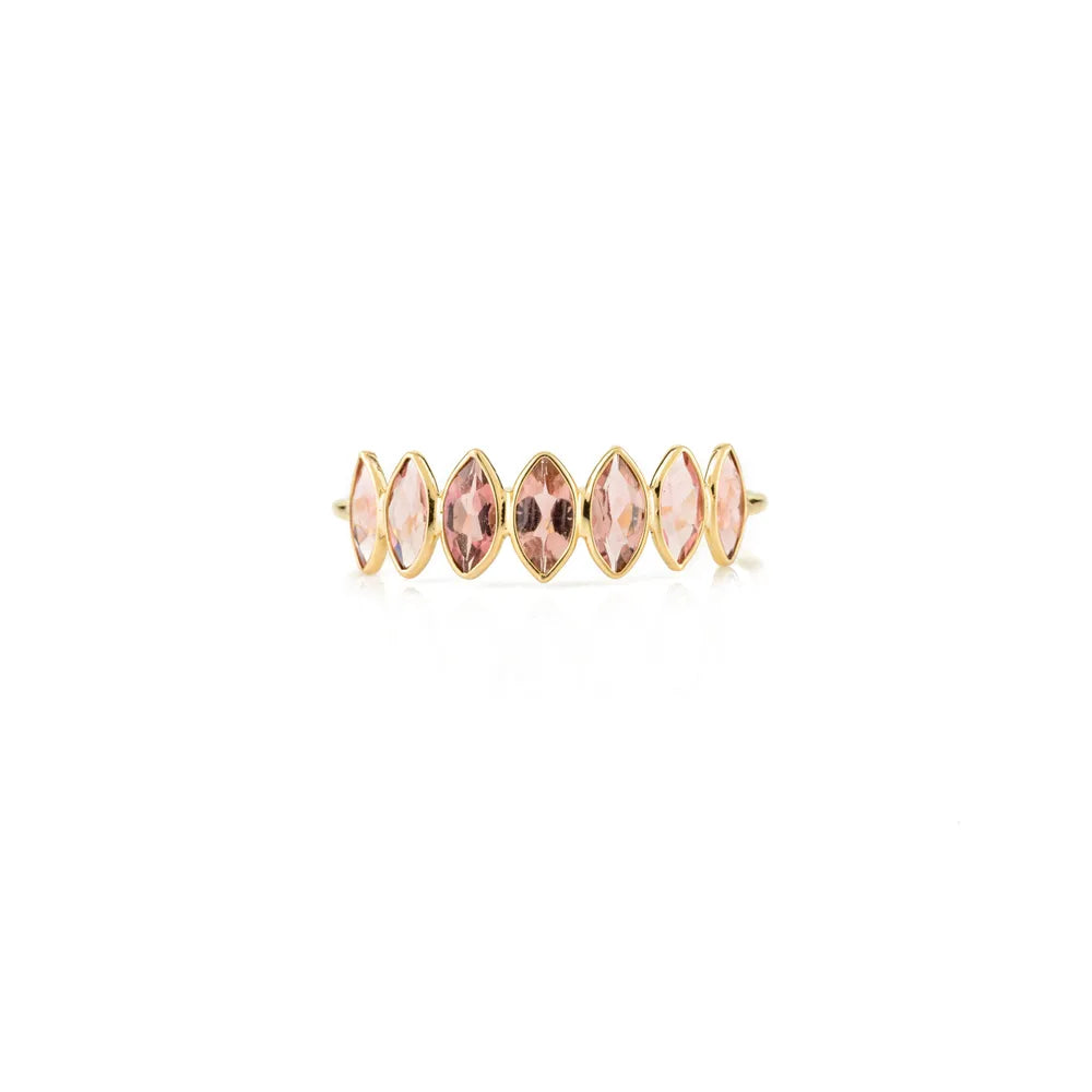 Solid 18K Yellow Gold Pink Tourmaline Marquise Shape Half Eternity Band Ring